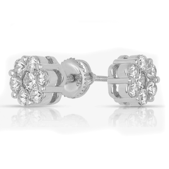 Unisex White Gold Elegant Silver Flower Cute Iced Cluster Screw Back Earrings - Picture 1 of 3